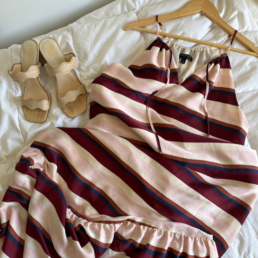 Banana Republic Burgundy & Pink Striped Satin Maxi Dress, L